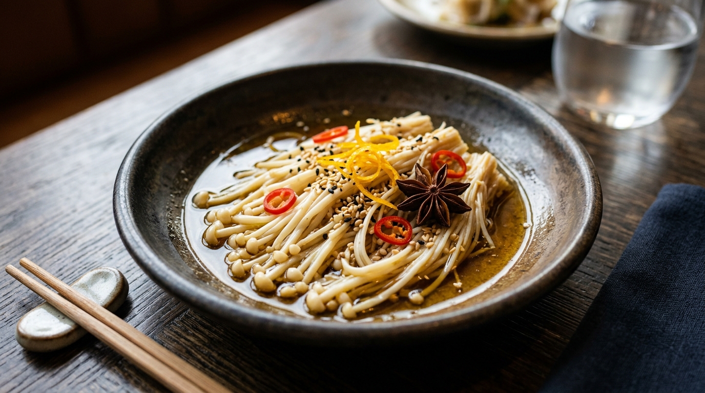 Confit de Enoki (Flammulina velutipes) en Sésamo y Cítricos
